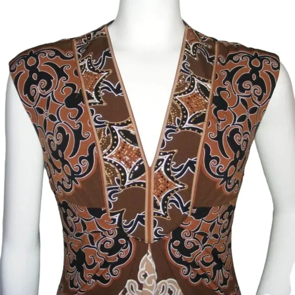 CACHE Dress, 6, Brown/Tan, Sleeveless, V-neck, Embellished, Back zipper - Picture 2 of 14